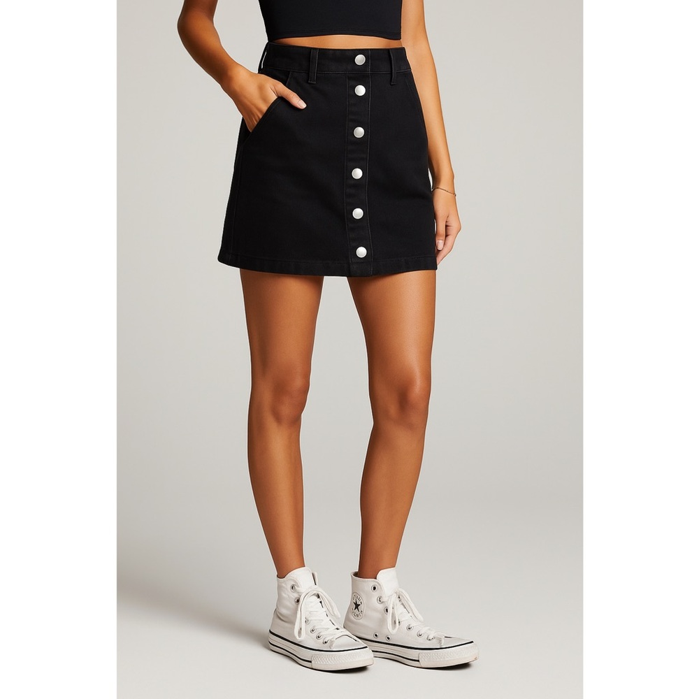 Saltwater Luxe Denim mini Skirt Black Size Button Front fall layer grunge